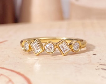 Geometric Diamond Wedding Ring 14K 18K Gold Bezel Baguette Anniversary Fine Jewelry Gift