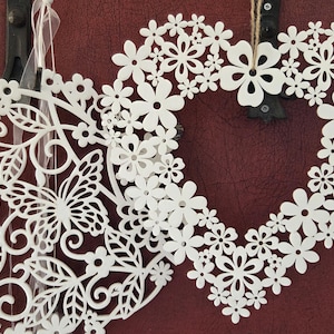 2 wooden decoration hanging decoration spring decoration window decoration door decoration wall hanger shabby chic decoration living room decoration gift idea pattern with flowers and hearts
