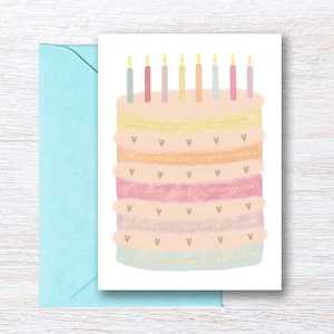 Cartão de aniversário para impressão – Download digital instantâneo – Cartão de felicitações em formato de bolo em aquarela desenhado à mão – Perfeito para aniversários e comemorações