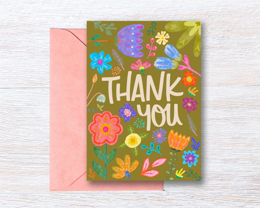 Printable Floral Thank You Card - Instant Digital Download - Hand-drawn ...
