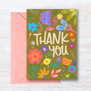Carte de remerciement florale imprimable - Téléchargement numérique instantané - Fleurs colorées abstraites dessinées à la main - Carte de voeux