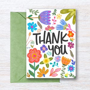 Cartão de agradecimento floral para impressão - Download digital instantâneo - Flores abstratas coloridas desenhadas à mão - Cartão de felicitações