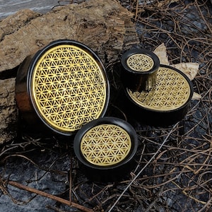 Brass Flower Of Life Plug / Gauge Double Flare Wooden Ear Plugs / Gauges in 10mm (00g) - 50mm (2&quot;)