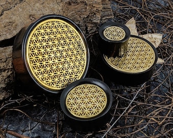 Brass Flower Of Life Plug / Gauge Double Flare Wooden Ear Plugs / Gauges in 10mm (00g) - 50mm (2")