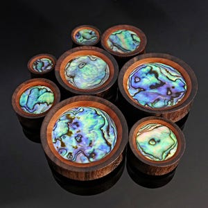May include: A set of eight wooden ear gauges with abalone shell inlay. The gauges are various sizes and feature a dark wood finish.