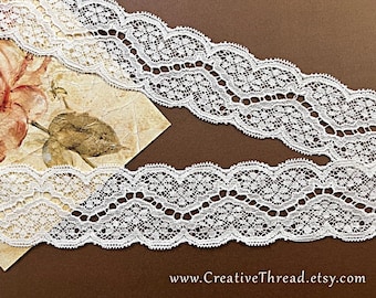 Raised Floral Pattern Double Scalloped Cotton Bridal Lace, Vintage English Nottingham Galloon Lace - N-110 - 1.75" Wide - Winter White