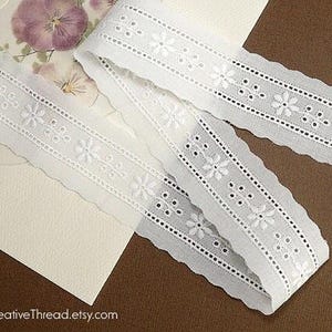 1 1/8 Yard - Swiss Embroidery, Entredeux Insertion, Fine Swiss Floral Trim - Embroidered Cotton Trim - Cotton Insertion - WHITE - No. 450