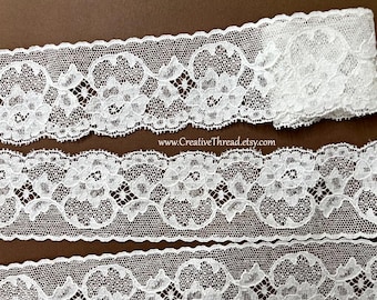30 Inches - Wide English Nottingham Heirloom Lace - Vintage Cotton Lace Edging with Raised Floral Pattern - N-363 - 2" Wide - Soft White