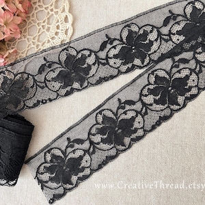 4 Yards English Vintage Nottingham Heirloom Lace - Wide Floral Leavers Lace Edging - Costuming - Period Reproductions - 2 1/8&quot; Wide - Black