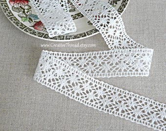 2 Yards, French Cluny Lace Insertion Trim - Beautiful Quality Cotton Cluny Lace, Costuming, Home Décor, Sachet, Dress - 1" - WHITE - No.225