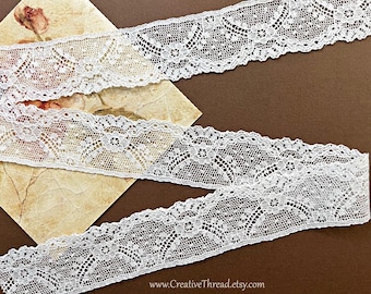 Vintage English Cotton Lace with Raised Floral Garland Pattern - Nottingham Heirloom Lace Edging - N-228 - 1 3/8" Wide - Soft White