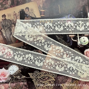 3 Yards, English Vintage Nottingham Leavers Heirloom Lace, Delicate Cotton Lace Insertion - N120-C - 7/8&quot; Wide - Pale Candlelight Color