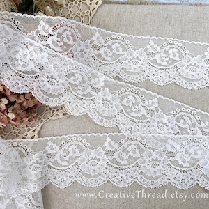 2 Yards 35&quot;, English Nottingham Leavers Heirloom Lace, Vintage Floral Cotton Lace Edging - N321 -  2 1/2&quot; Wide - White - Bridal Lace