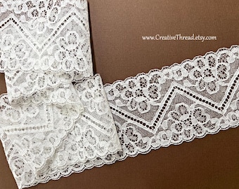 Vintage English Nottingham Cotton Lace Bis Insertion with Raised Floral Pattern - N-342 - 3" Wide - Winter White