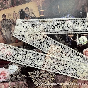 1 1/2 Yards, English Vintage Nottingham Leavers Heirloom Lace, Delicate Cotton Lace Insertion - N120-C -  7/8&quot; Wide - Pale Candlelight Color
