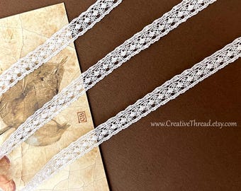 4 Yards, Tiny Vintage Lace Insertion Trim, Narrow Spanish Cotton Lace, Heirloom Cotton Insertion, Doll Lace, 3/8" Wide, Soft White - BR-381