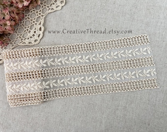 1 Yard - Vintage Silk Embroidered Trim on Organza - Costuming Trim - Home Décor Trim - 4" Wide - Ivory - No. V233