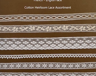 Delicate French and English Nottingham Lace Sampler, Cotton Heirloom Lace Assortment - No.3 - 6 Cuts - 7/8 Yard Each - White - Ecru
