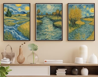 Van Gogh Inspired Digital Art Prints | Illustrated Art Download | Modern Impressionist Decor | Set of 3