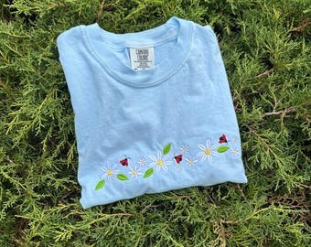 Ladybug Flowers T-Shirt Comfort Colors Spring Embroidered Gift for Her Tee Wildflowers
