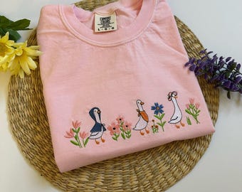 Floral Geese T-Shirt Comfort Colors Spring Goose Embroidered Gift for Her Flowers