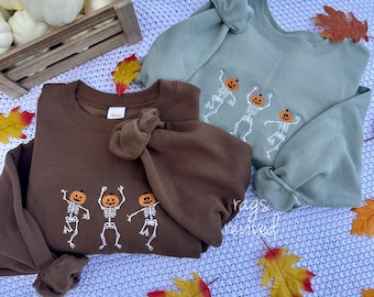 Dancing Pumpkin Skeletons Embroidered Lightweight Sweatshirt Halloween Spooky Season Embroidery Fall Autumn