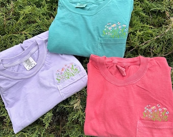 Flowers Pocket T-Shirt Comfort Colors Spring Embroidered Gift for Her Pocket Tee Wildflowers
