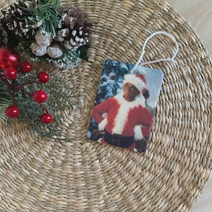 May include: A rectangular Christmas ornament featuring a person dressed as Santa Claus in a red suit with white trim and a matching hat. The ornament has a white string for hanging. Decorative pine cones and red berries are in the background.