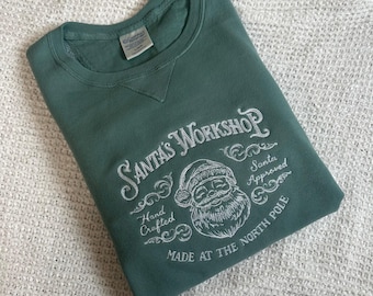 Santa's Workshop Christmas Embroidered Sweatshirt ComfortWash Pigment Dyed Holiday