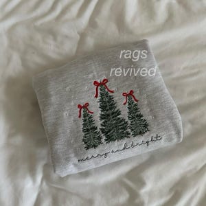 Merry & Bright Embroidered Sweatshirt Christmas Trees Bow Holiday Embroidery