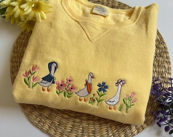 Floral Geese Sweatshirt Lightweight ComfortWash Yellow Spring Goose Embroidered Gift for Her Flowers
