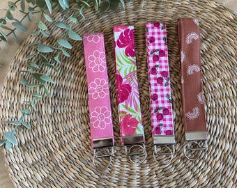 Handmade Fabric Wristlet Keychain Lanyard, Keyring, Gift, Floral, Pink, Boho Keychain