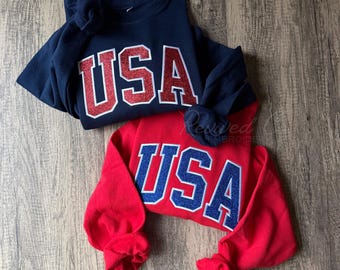 Sudadera bordada con apliques brillantes de EE. UU. Regalo para toda la familia, jóvenes, adultos y niños pequeños, cuello redondo, 4 de julio.