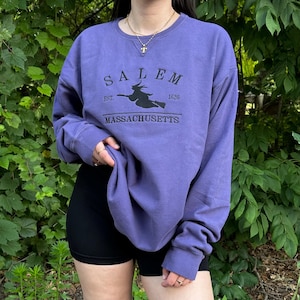 Salem Massachusetts Embroidered Sweatshirt ComfortWash Pigment Dyed Holiday Spooky Purple City Witch Gift