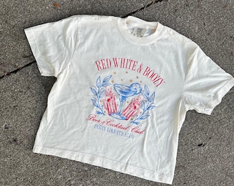 Red, White, & Boozy Boxy Crop Comfort Colors T-Shirt Ivory 4th of July USA America
