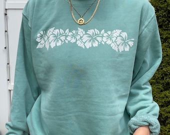 Hibiscus Flowers Sweatshirt Pigment Dyed Summer Beach Hawaii Seafoam Oversized