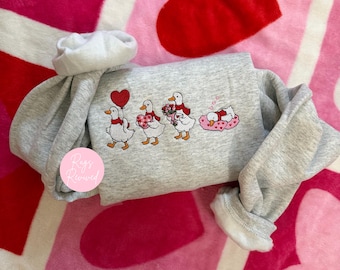 Sudadera bordada de San Valentín Love Goose con cuello redondo, regalo para el Día de San Valentín