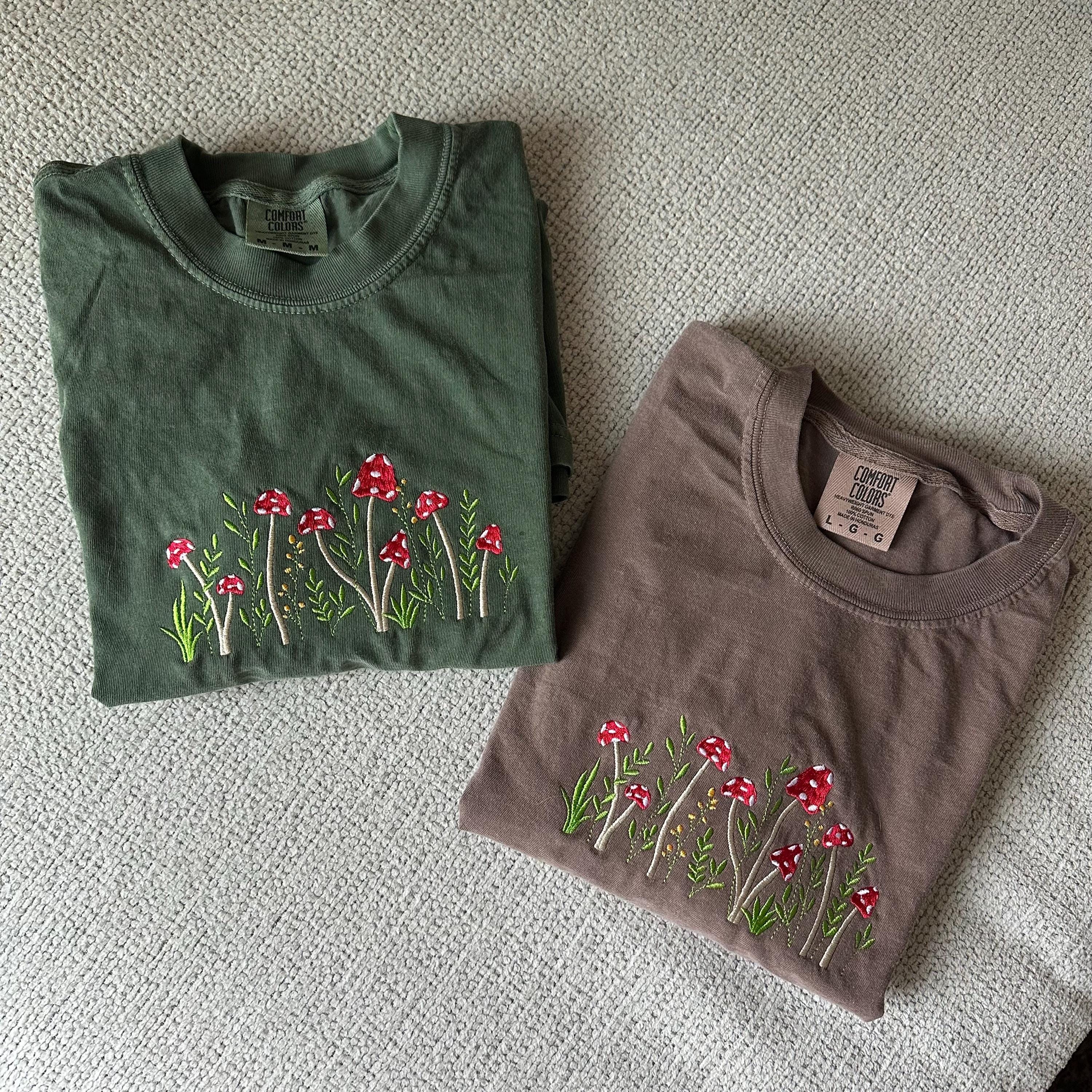 Mushroom Field T-Shirt Comfort Colors Spring Summer Embroidered Gift for Her Flowers Mushrooms Brown Green Neutral tee
