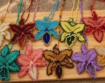 Handmade Orchid Flower Beaded Necklace, Seed Bead Floral Pendant, Colorful Statement Necklace