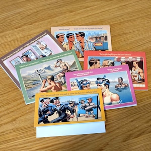 Set of 6 gay note-cards/greeting cards inspired by vintage seaside humour. Set "A".