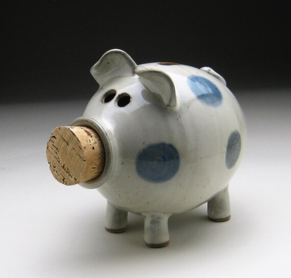 Ceramic Piggy Bank - White with Blue Polka Dots - Made to Order