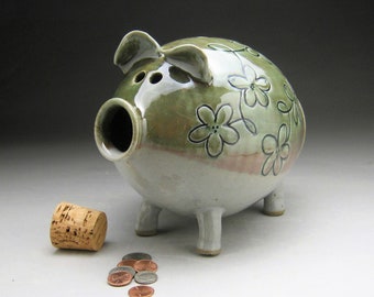 Large Piggy Bank with Whimsical Flowers