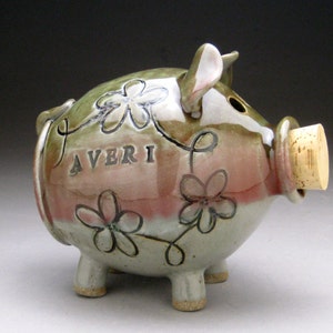Personalized Piggy Bank with Whimsical Flowers Made to Order image 1