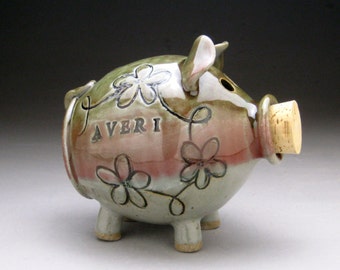 Personalized Piggy Bank with Whimsical Flowers - Made to Order