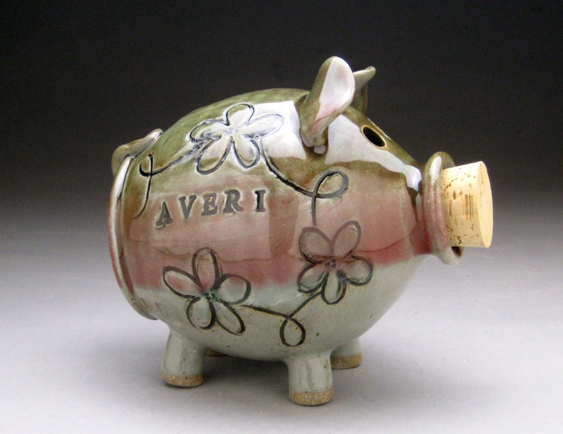 Personalized Piggy Bank with Whimsical Flowers Made to Order image 1