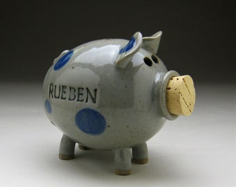 Personalized Ceramic Piggy Bank - with Blue Polka Dots - Made to Order