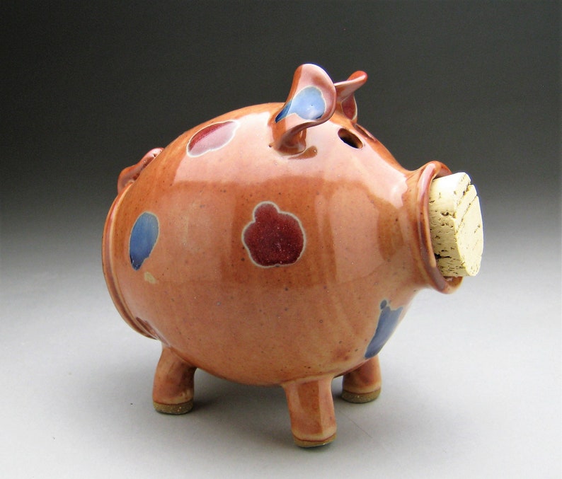 Large Ceramic Piggy Bank Copper with Red and Blue Spots Made to Order image 5