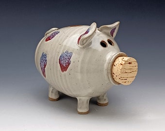 Ceramic Piggy Bank - White with Purple/Red Spots - Made to Order