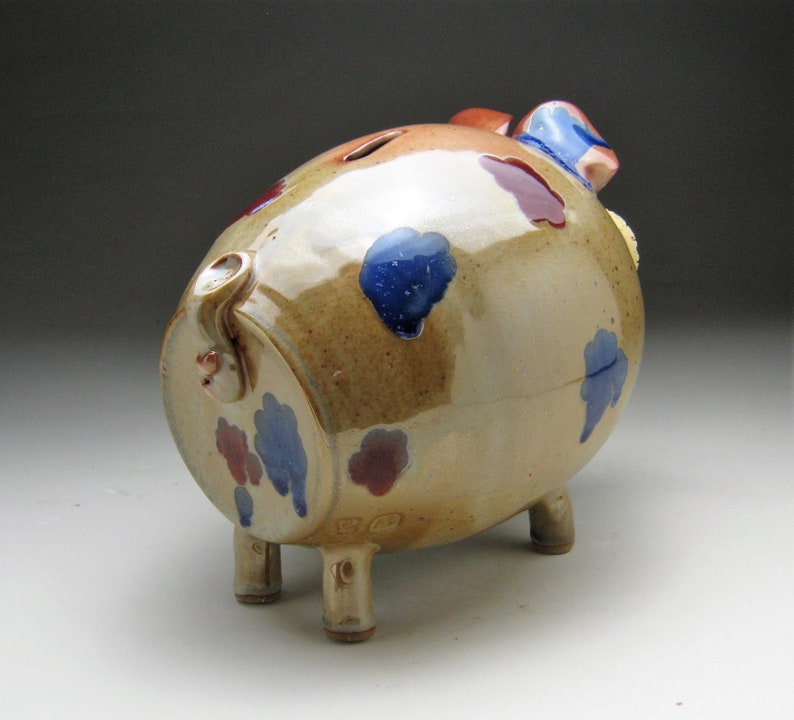 Large Ceramic Piggy Bank Copper with Red and Blue Spots Made to Order image 4