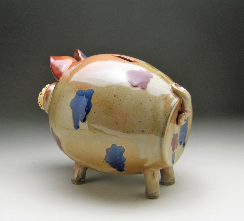 Large Ceramic Piggy Bank Copper with Red and Blue Spots Made to Order image 3